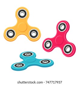 Fidget spinner set, different colors and view from different angles. Hand toy for focus and relaxation, vector illustration.