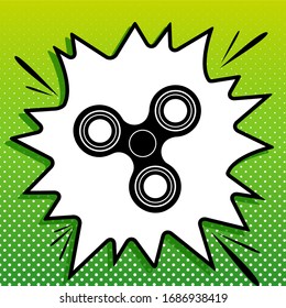 Fidget spinner sign. Black Icon on white popart Splash at green background with white spots. Illustration.