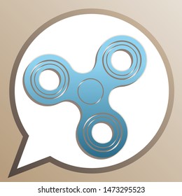 Fidget spinner sign. Bright cerulean icon in white speech balloon at pale taupe background. Illustration.
