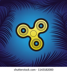 Fidget spinner sign. Vector. Golden icon with black contour at blue background with branches of palm trees.