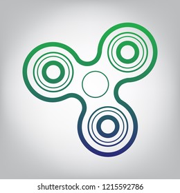 Fidget spinner sign. Vector. Green to blue gradient contour icon at grayish background with light in center.
