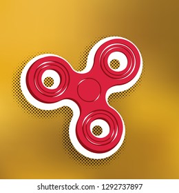 Fidget spinner sign. Vector. Magenta icon with darker shadow, white sticker and black pop art shadow on golden background.