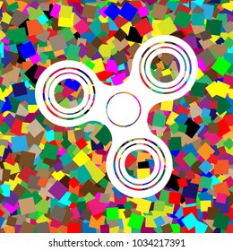Fidget spinner sign. Vector. White icon on colorful background with seamless pattern from squares.