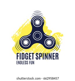 Fidget spinner stress relief toy vector label on yellow brush stroke. Isolated on white background
