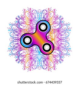 Fidget spinner toy - stress and anxiety relief. Vector. Fidget Spinner toy on the background of the mandala.