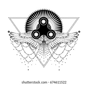 Fidget spinner toy - stress and anxiety relief. Vector. Fidget Spinner toy on the background of the star with wings. Tattoo.