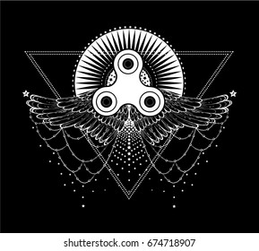 Fidget spinner toy - stress and anxiety relief. Vector. Fidget Spinner toy on the background of the star with wings. Tattoo.