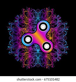 Fidget spinner toy - stress and anxiety relief. Vector. Fidget Spinner toy on the background of the mandala.