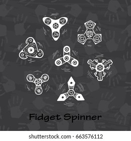 Fidget Spinner Toys icons set. Doodle Hand Spinners. Stress relief. Popular Mechanical Toy to keep calm. Black and white Vector illustration
