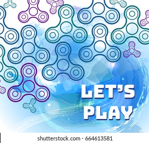 Fidget spinner watercolor blue background with outline icons of 