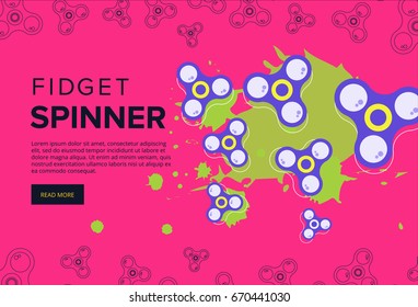 Fidget spinner web banner ad in flat vector design. Trendy hipster hand toy icon. Anti stress fun game of school kids. Vector illustration.