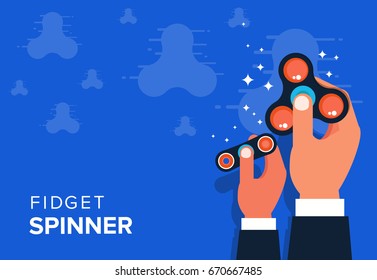 Fidget spinner web banner ad in flat vector design. Trendy hipster hand toy icon. Anti stress fun game of school kids. Vector illustration.