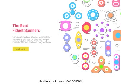 Fidget Spinners banner design. Popular toy for stress relief. Vector illustration.
