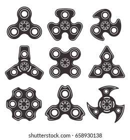 Fidget spinners big set of nine types vector black objects isolated on white background