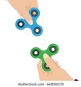 Fidget Spinners in hands, popular fidget spinner toy, stress relief, Vector illustration