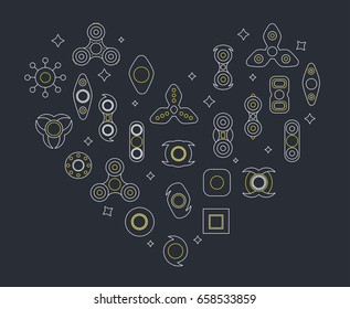 Fidget Spinners line icon collection. Hands holding trendy toys in the form of heart. Vector illustration on a black background.