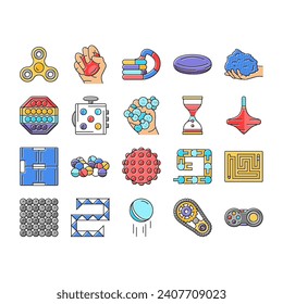 fidget toy fun antistress game icons set vector. pop it, stress silicone, bubble game, kid trendy, children, colorful finger, push fidget toy fun antistress game color line illustrations
