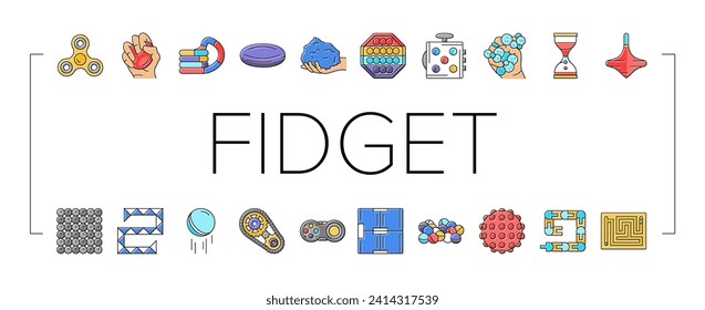 fidget juguete divertido antiestrés juegos iconos set vector. pop it, silicona de estrés, juego de burbujas, moda infantil, niños, dedo colorido, juguete de pulso divertido antiestrés juegos ilustraciones de la línea de color