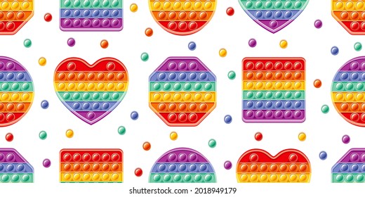 Fidget toy pattern. Popit sensory vector toy. Seamless rainbow popular pop it. 3d realistic antistress fidgeting toy. Bubble popit fidget vector. Child anti stress sensory icon. Cartoon illustration