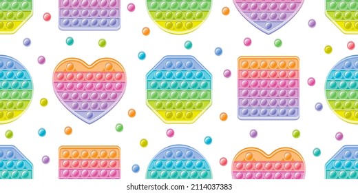 Fidget toy pattern. Popit sensory vector toy. Seamless pastel rainbow popular pop it. 3d pink realistic antistress fidgeting toy. Bubble popit fidget vector. Anti stress sensory cartoon illustration