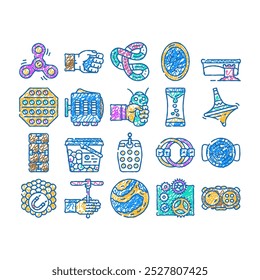 fidget toy pop fun doodle icons set vector. sketch line art silicone bubble, hand stress, children game, finger push, kid fidget toy pop fun color illustrations