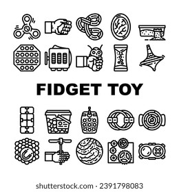 los iconos de diversión pop juguete fidget establecen vector. burbuja de silicona, estrés de mano, juegos para niños, pulso de dedo, juguete infantil juguete pop divertida ilustraciones de contorno negro