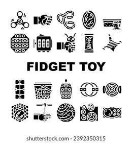 los iconos de diversión pop juguete fidget establecen vector. burbuja de silicona, estrés de mano, juegos para niños, pulso de dedo, juguete infantil juguete pop divertida ilustraciones de contorno negro