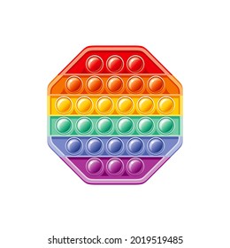 Juguete Fidget. Juguete vector sensorial Popit. El octógono arcoiris lo popular. 3d juguete antiestrés realista contra el fidsourcing de polígono. Vector de fondo de popit de burbujas. Icono de la sensación antiestrés infantil. Ilustración de dibujos animados