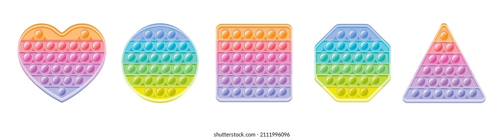 Fidget toy set. Popit sensory vector toy. Rainbow square popular pop it. 3d realistic antistress fidgeting toy. Pastel soft bubble pop it fidget vector. Heart circle square honeycomb triangle icon set