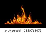 Fie line, bonfire or campfire backgrounds, orange fiery flames, glowing flare flaming explosions on black background. Vector flaming hot blazes, burning or heating firing line in realistic design