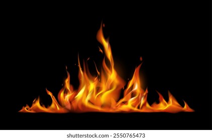 Fondo de la línea de fuego, hoguera o fogata, llamas ardientes naranjas, explosiones llameantes brillantes sobre fondo negro. Vector llameando llamas calientes, quemando o calentando la línea de fuego en diseño realista