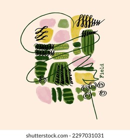 Field Abstract Aerial View. Vector Illustration of Hand Drawn Sketch Countryside with Flourishing Line.