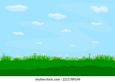 Field against the blue sky. Beautiful summer landscape with meadow, grass, flower and cloudy sky. Country background for spring or easter banner. Lawn, daisies and heaven. Stock vector illustration