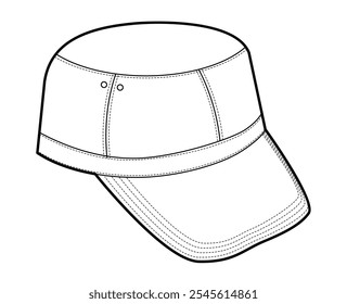 Field Army Cap Hat Summer Head Fashion accessory clothing technical illustration. Vector headgear for Men, women, unisex style, flat template CAD mockup sketch outline isolated