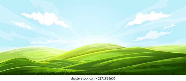field background landscape vector. summer farm, agriculture meadow, green grass, land scene, sun countryside, hill scenery field background nature view cartoon illustration
