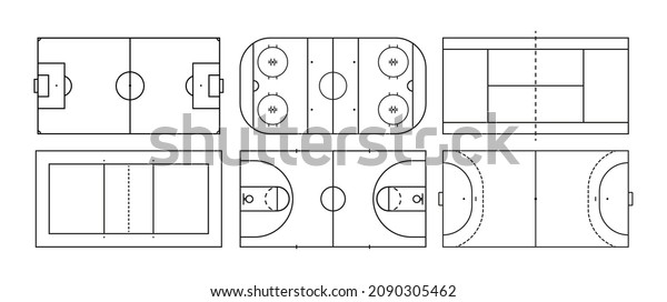 Field of basketball, soccer, hockey, volleyball\
and tennis. Sport court in line style. Vector icon top view.\
Outline set for american football, handball and baseball. Black\
icons isolated.