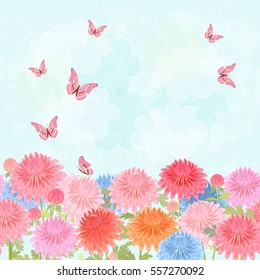 field of blooming chrysanthemum with flying butterflies for your design