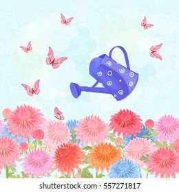 field of blooming chrysanthemum with a vintage can watering for your design