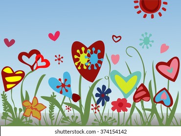 Field of blooming hearts on the background of blue sky as a symbol of love