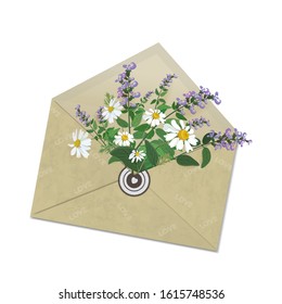 Field bouquet of flowers in an open mail envelope