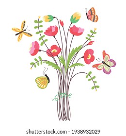 Field bouquet with flying butterflies. Beautiful composition of wildflowers and flying insects. Vector modern illustration