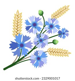 Field bouquet for postcards. Cornflower and wheat bouquet.