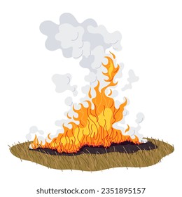 Field with burning dry grass.  Wild fire in nature. Smoke in the air. Dried grass in flame. Natural disaster and wildfire concept. Simple vector flat illustration.