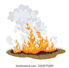 Field with burning dry grass.  Wild fire in nature. Smoke in the air. Dried grass in flame. Natural disaster and wildfire concept. Simple vector flat illustration.