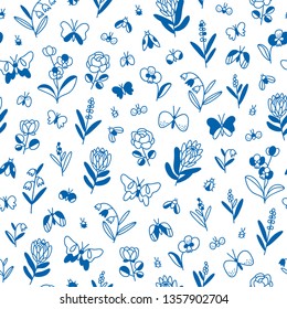 Field of butterflies, vector seamless pattern