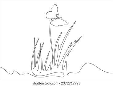 Field butterfly over flower and grass landscape, black and white, vector illustration.continuous line.