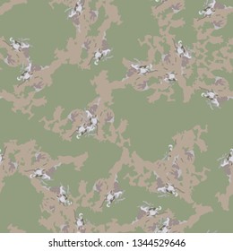 Field camouflage of various shades of green, brown and white colors. It is a colorful seamless pattern that can be used as a camo print for clothing and background and backdrop or computer wallpaper