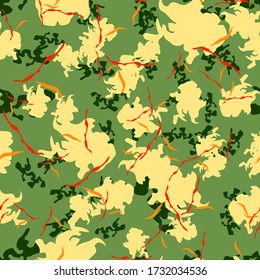 Field camouflage of various shades of green, yellow, red and orange colors. It is a colorful seamless pattern that can be used as a camo print for clothing and background and backdrop or computer wall