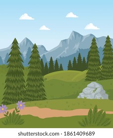 field camp landscape scene with flowers and pines trees vector illustration design