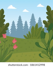 field camp landscape scene with flowers vector illustration design